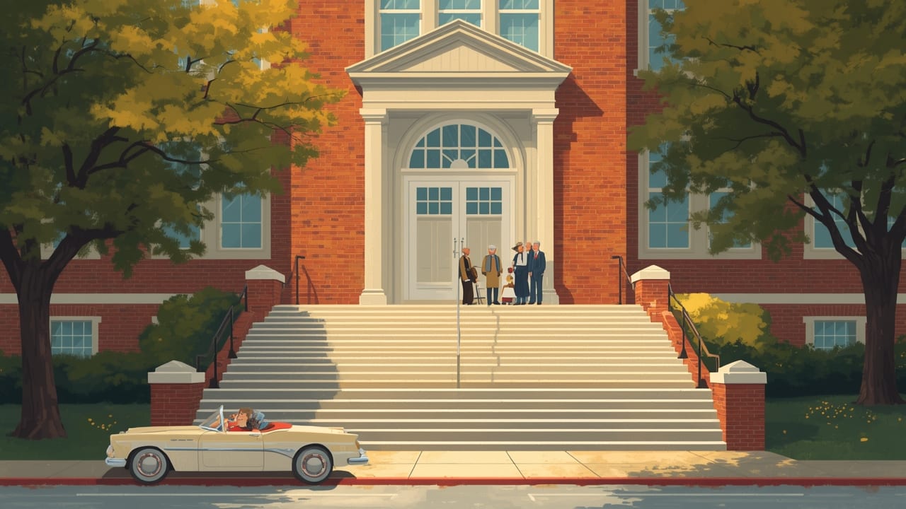 Older alumni gathered on the front steps of a brick high school beside a vintage convertible on a sunny autumn day.