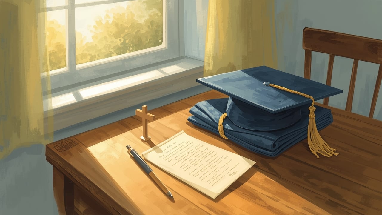 A handwritten letter on a kitchen table beside a graduation cap and gown and a small wooden cross in morning light.