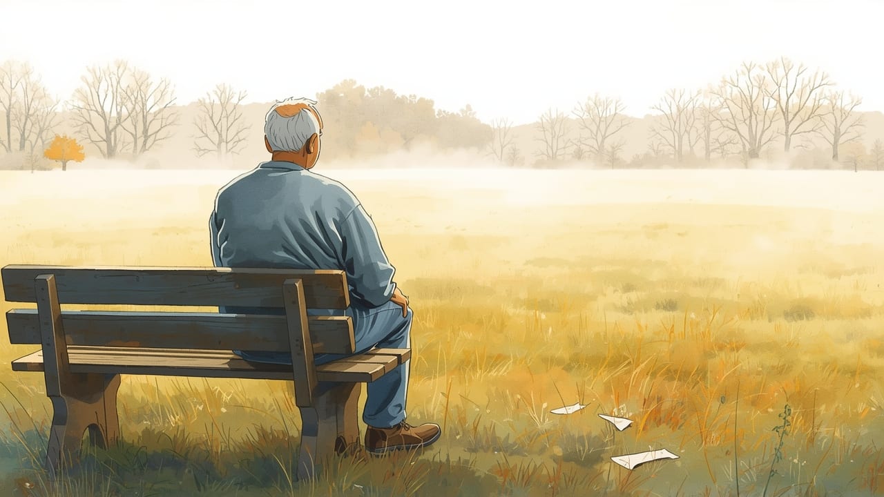 A retired coach in a gray sweatshirt sits on a bench seen from behind, gazing over a misty, empty field at dawn as torn paper scraps drift by.