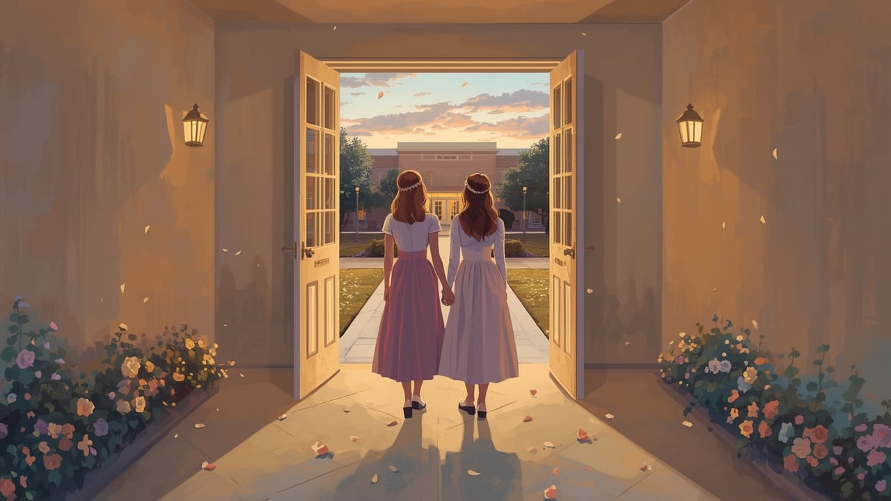 Two young women in pastel prom gowns, seen from behind, walk arm in arm along a flowered path toward a softly glowing doorway at dusk.