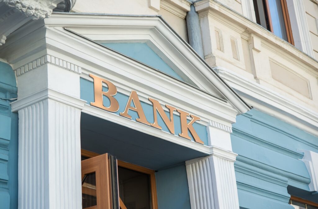 Bank sign on blue building