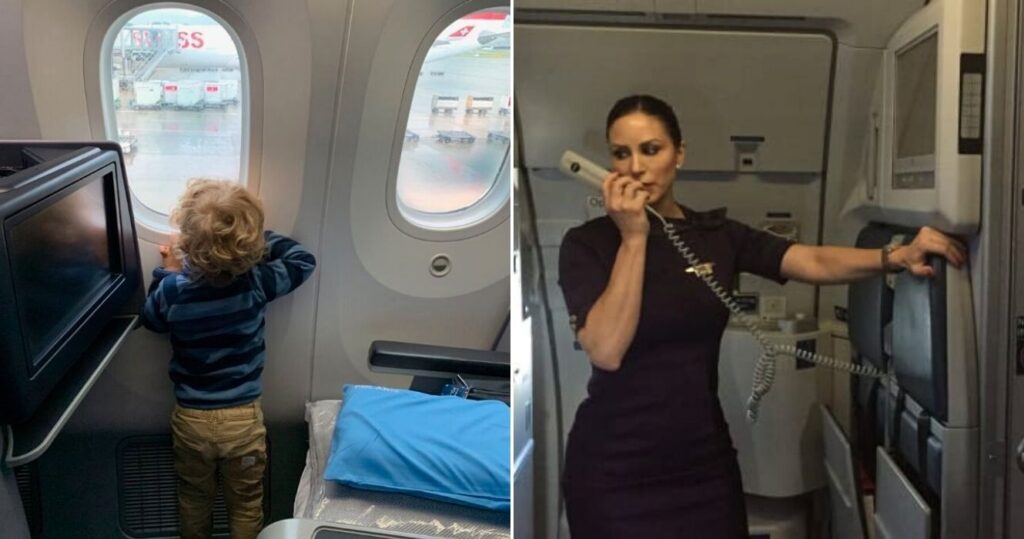 plane attendent makes announcement as child looks out plane window