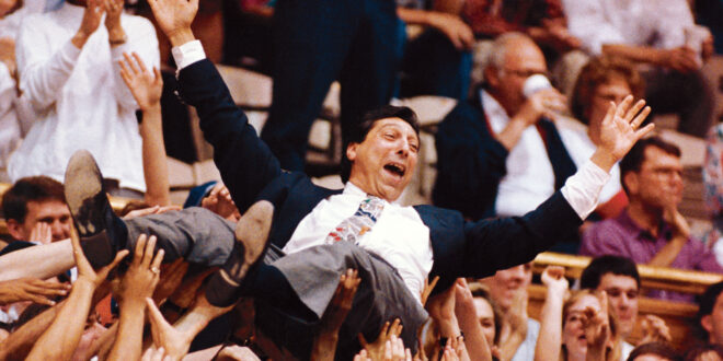 Jim Valvano being carried off the court after winning